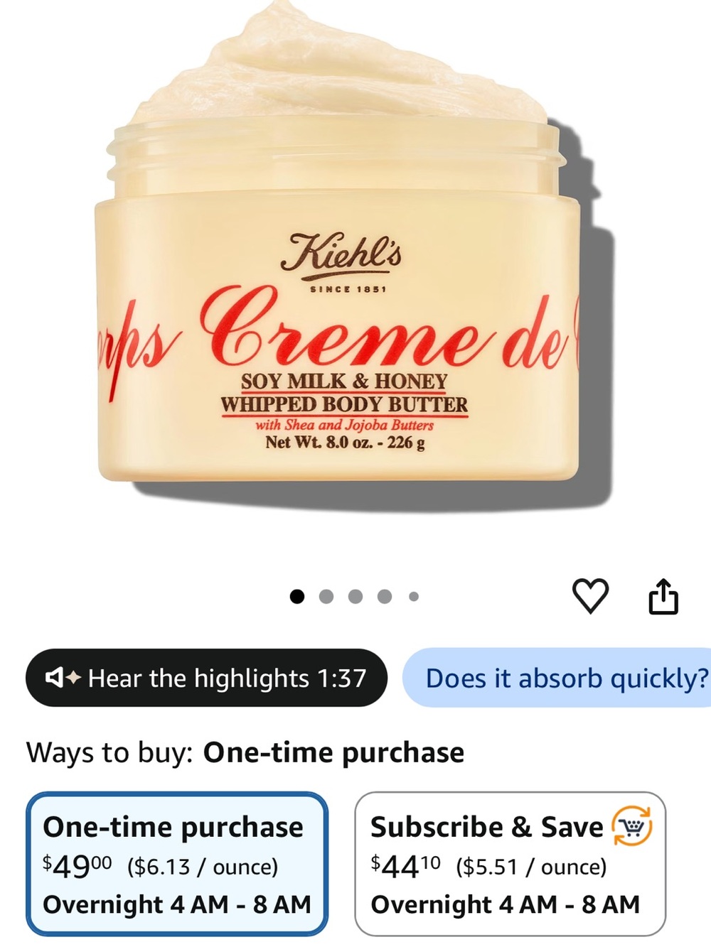 Kiehl's Soy Milk & Honey Whipped Body Butter - Yellow Jar with Red Script